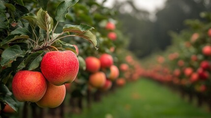 Obraz premium Lush orchard rows laden with ripe, red apples
