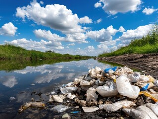 A polluted riverbank littered with plastic waste under a bright blue sky with fluffy clouds, reflecting the need for environmental awareness and action.