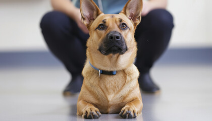 Obraz premium focused dog sits calmly on smooth floor, showcasing its attentive expression and alert posture, while person is seen in background