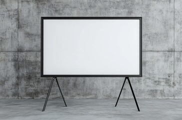 A blank white projection screen on an industrial-style metal stand, set against concrete walls, is perfect for showcasing your visuals or text in high resolution.