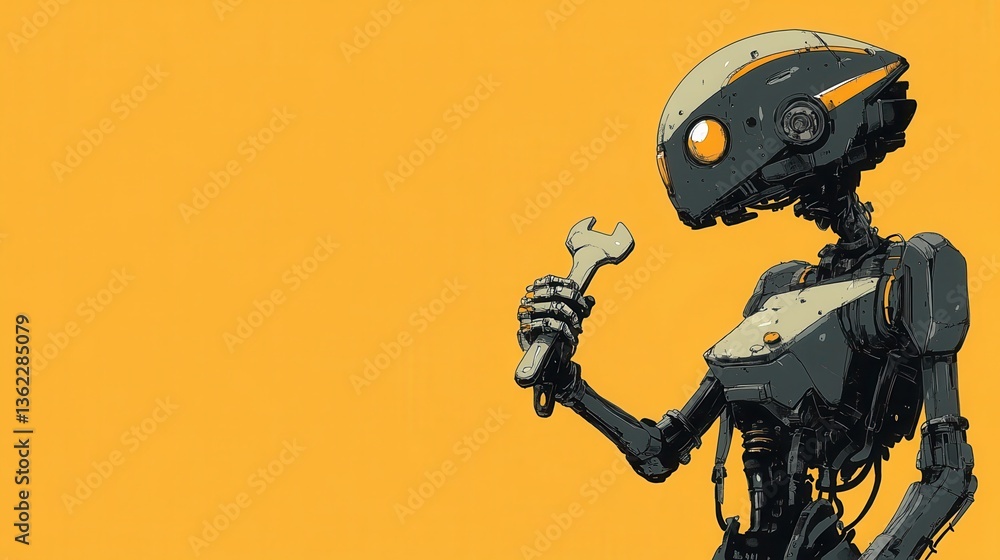 Poster a robot on a yellow background holds a wrench in its hand. the robot is made of metal and has a mech