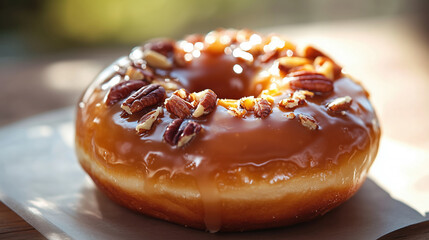 Caramel Glazed Donut with Pecans on Parchment