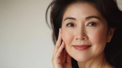 Headshot portrait of gorgeous happy middle aged mature asian woman, senior older 50 year lady looking at camera touching her face isolated on white. Ads of lifting anti wrinkle skin care, spa.