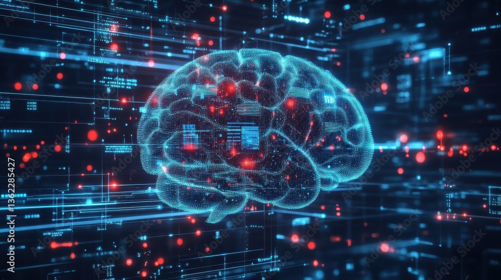 Poster futuristic digital brain visualization with data overlay, representing neuroscience and technology i