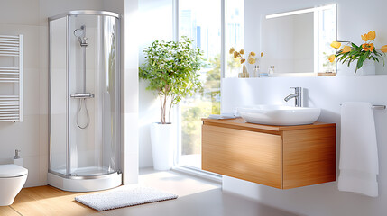 Compact modern bathroom with shower cubicle stylish home interior contemporary design bright environment aesthetic viewpoint