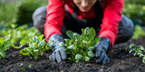 Fototapeta premium Gardener in red shirt planting seedlings in rich soil showing commitment to seasonal farming process nature respect and active gardening effort in outdoor scene