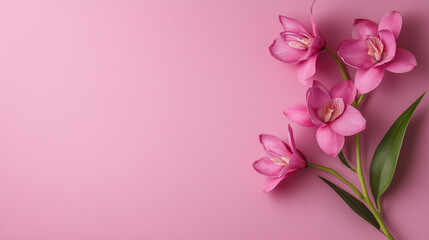 Fototapeta premium Beautiful pink flowers arranged elegantly on soft pink background, creating serene and calming atmosphere