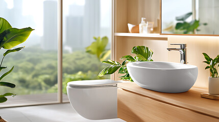 Fototapeta premium Compact bathroom design with open shelving and plants urban setting modern aesthetic bright environment interior view sustainable living concept