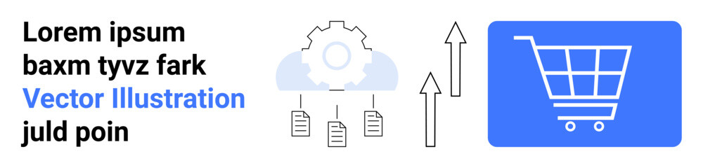 Shopping cart icon with upward arrows, cloud gear, and data outlines highlighting e-commerce growth, digital marketing, tech solutions, analytics, data flow, online retail, simple landing page