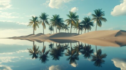 Obraz premium Reflective water with palm trees and sand dunes, creating a mirage effect.