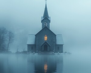 Fototapeta premium Serene Misty Church Reflected in Calm Waters at Dawn with Soft Light Glowing