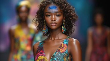 Fototapeta premium A model with dark curly hair and colorful dress