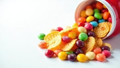Obraz premium Pile of colorful candy, chips, and soda on white , white, sugar