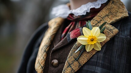 A close-up of a person wearing a traditional Welsh costume with a daffodil pinned to their chest for St. David's Day pic