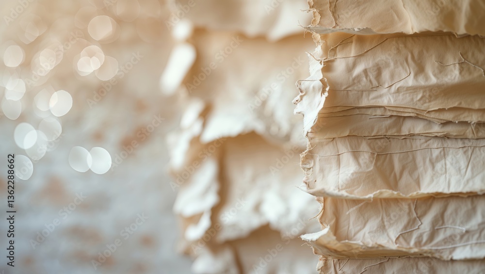 Poster layers of crumpled paper stacked together in soft lighting creating an artistic texture display in a