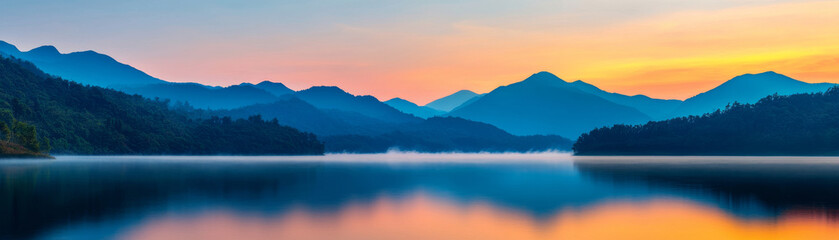 Breathtaking landscape featuring serene lake surrounded by mountains at sunrise, with soft mist hovering over water surface
