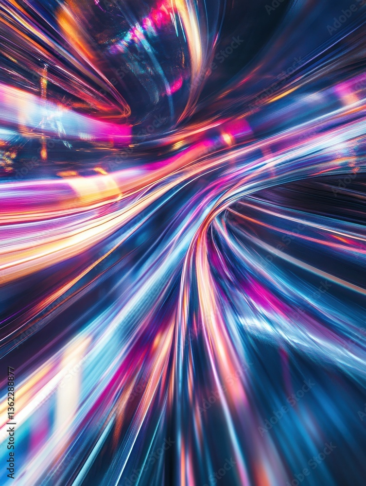 Poster a bold visual of dynamic holographic light streaks in alternative hues layered for depth and vibranc