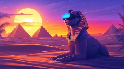 Futuristic sphinx wearing virtual reality goggles in the desert with pyramids in the background at sunrise illustration