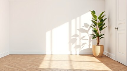Light illuminates a plant in an empty interior room