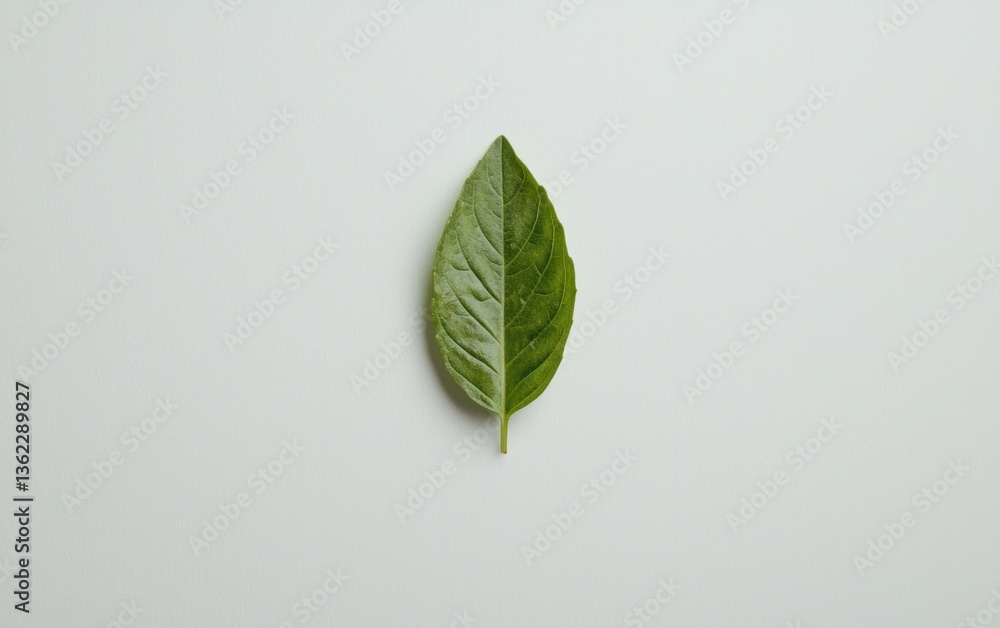 Poster single green leaf with visible texture on a light gray background. the leaf is centrally positioned,
