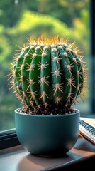 A round cactus in a teal pot sits on a windowsill, bathed in sunlight against a blurred green background