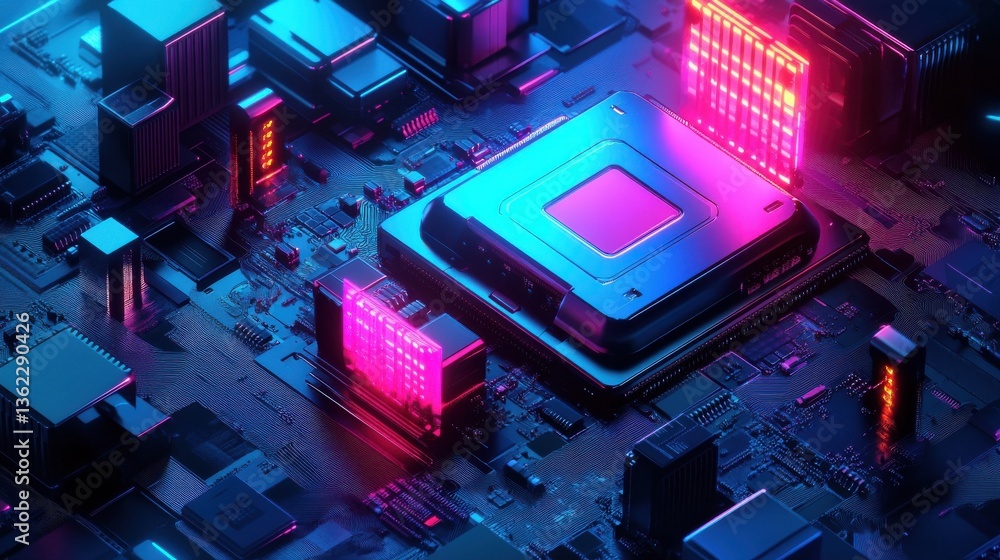 Poster generative ai illustration of contemporary illuminated supercomputer and central processing unit wit