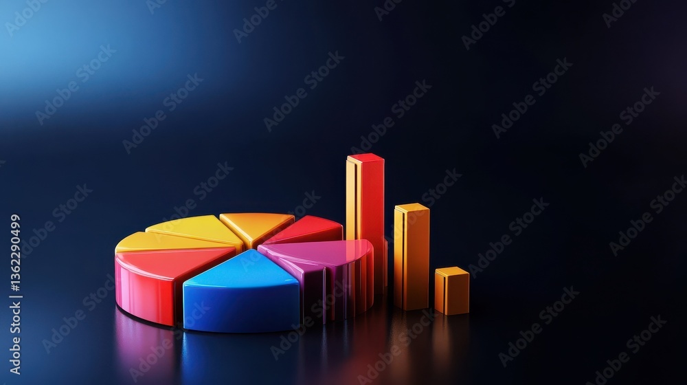 Poster 3d pie charts and bar graphs in vibrant colors on dark background, representing data analysis and st
