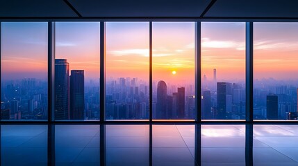 Fototapeta premium Floor-to-ceiling windows reveal panoramic city skyline at dawn, golden sunlight illuminating skyscrapers, modern penthouse with polished dark floor reflecting misty tall buildings in ambiance.