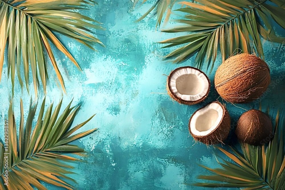 Poster fresh coconuts and palm leaves creating a vibrant tropical summer composition on a textured turquois