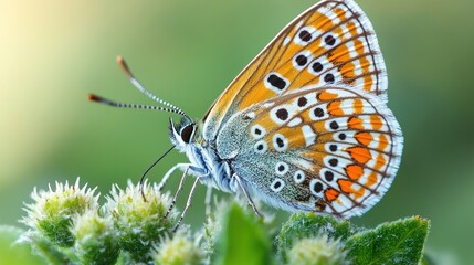 Obraz premium A vibrant butterfly rests on a green plant, showcasing intricate wing patterns