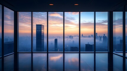 Fototapeta premium Floor-to-ceiling windows reveal panoramic city skyline at dawn, golden sunlight illuminating skyscrapers, modern penthouse with polished dark floor reflecting misty tall buildings in ambiance.