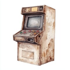Vintage Rusty Arcade Game Machine Watercolor Painting Retro Gaming Console Illustration