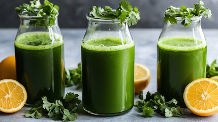 Fototapeta premium Detox green juice a glass bottle with fresh herbs and citrus