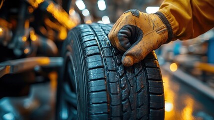 Close-up of a gloved hand inspecting a large tire's tread depth in a factory setting