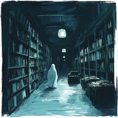Ethereal Figure in a Dark Library Hallway A Surreal Artistic Illustration.