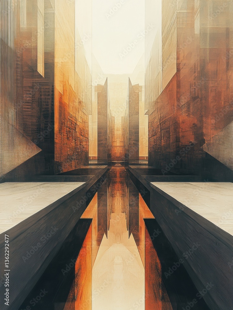 Poster abstract illustration of a city with a large building in the center and a reflection below.