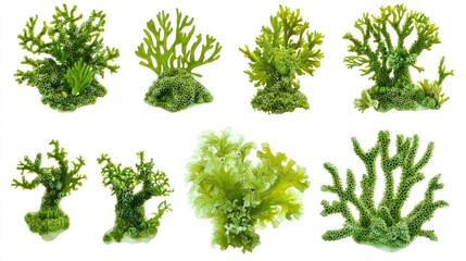 Fototapeta premium Set of green aquatic moss coral reefs, cut out