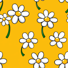 Playful seamless pattern with white daisies on vibrant yellow background