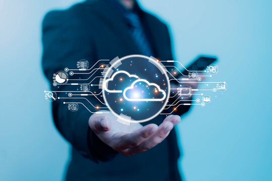 Backup database storage cloud compputing technology, Data storage and file data transfer sharing concept, Businessman showing cloud computing icon on hand, big data