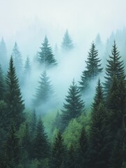 Fototapeta premium A misty morning in a dense forest of vibrant green pine trees. The fog drifts between the tall trunks, giving the scene an ethereal, dreamlike quality, with the tops of the trees disappearing into th