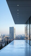 Fototapeta premium Modern balcony overlooking cityscape, clear sky