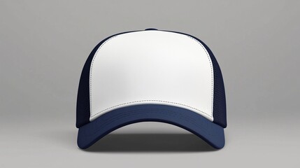 A plain white and navy blue trucker hat mockup, front view, solid gray background, high resolution