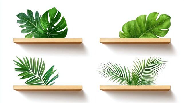 Set of Empty Natural Wooden Shelves with Lush Green Tropical Leaves