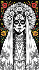 Fototapeta premium Beautiful Santa Muerte line art illustration featuring a Mexican folk aesthetic for a unique coloring experience