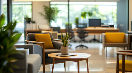 Fototapeta premium Modern Office Waiting Area with Armchairs and Round Table, Business Interior Design