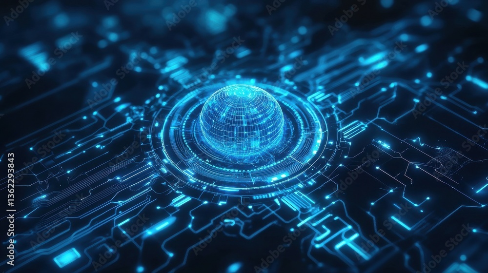 Poster futuristic high tech design with blue sphere circuit pattern