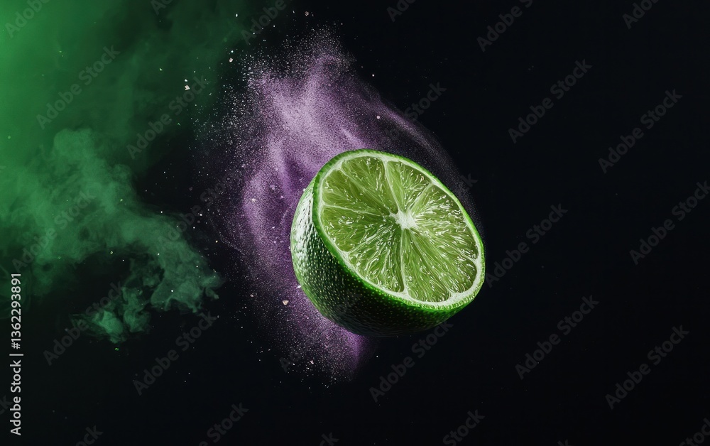Poster lime wedge exploding with green and purple powder against a black background. dynamic and vibrant im