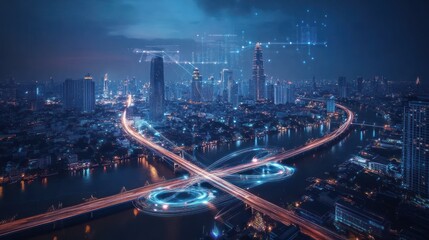 Fototapeta premium Night cityscape, city highway, river, data network. Possible stock photo use technology, business, future