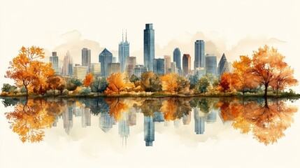 Obraz premium Autumnal city skyline reflected in calm water