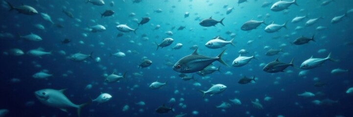 Fototapeta premium Dense school of small silver fish swimming on a dark blue ocean surface, dark blue, marine life, school